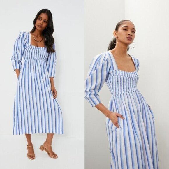 GANNI Blue Striped Cotton Smock Midi Dress Size 6 NWT – $375 Retail - Picture 2 of 12